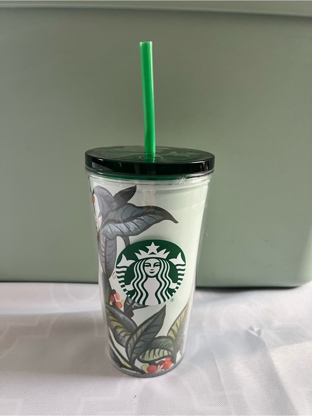 Starbucks 2021 Tumbler 16oz Tropical Floral Leaves Green Lid Cold Cup 6.5" Tall